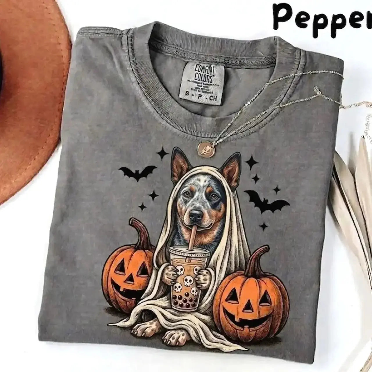 Comfort Colors Pepper Dog Shirt Custom Ghost Boba Tea Halloween Tee