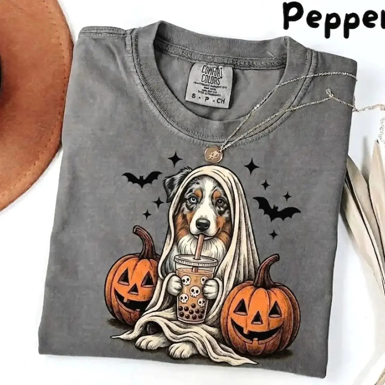 Comfort Colors Pepper Dog Shirt Custom Ghost Boba Tea Halloween Tee