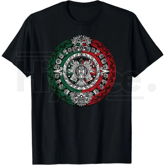 Aztec Calendar Sun Stone T-Shirt – Mexican Flag Heritage Graphic Tee, Viva Mexico Cultural Pride Unisex Premium Cotton Top - Hiyatee