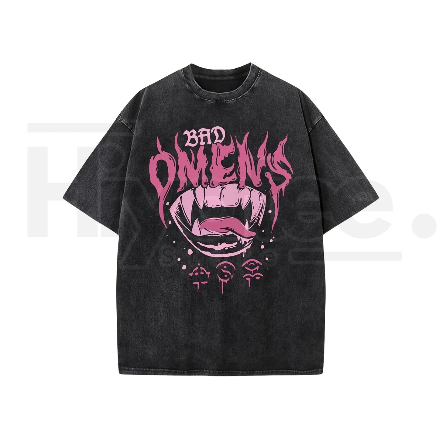 "Bad Omen" Vintage Washed Streetwear Tee – 230g Heavyweight Pure Cotton, Dropped Shoulder Loose Fit Boutique Top - Hiyatee