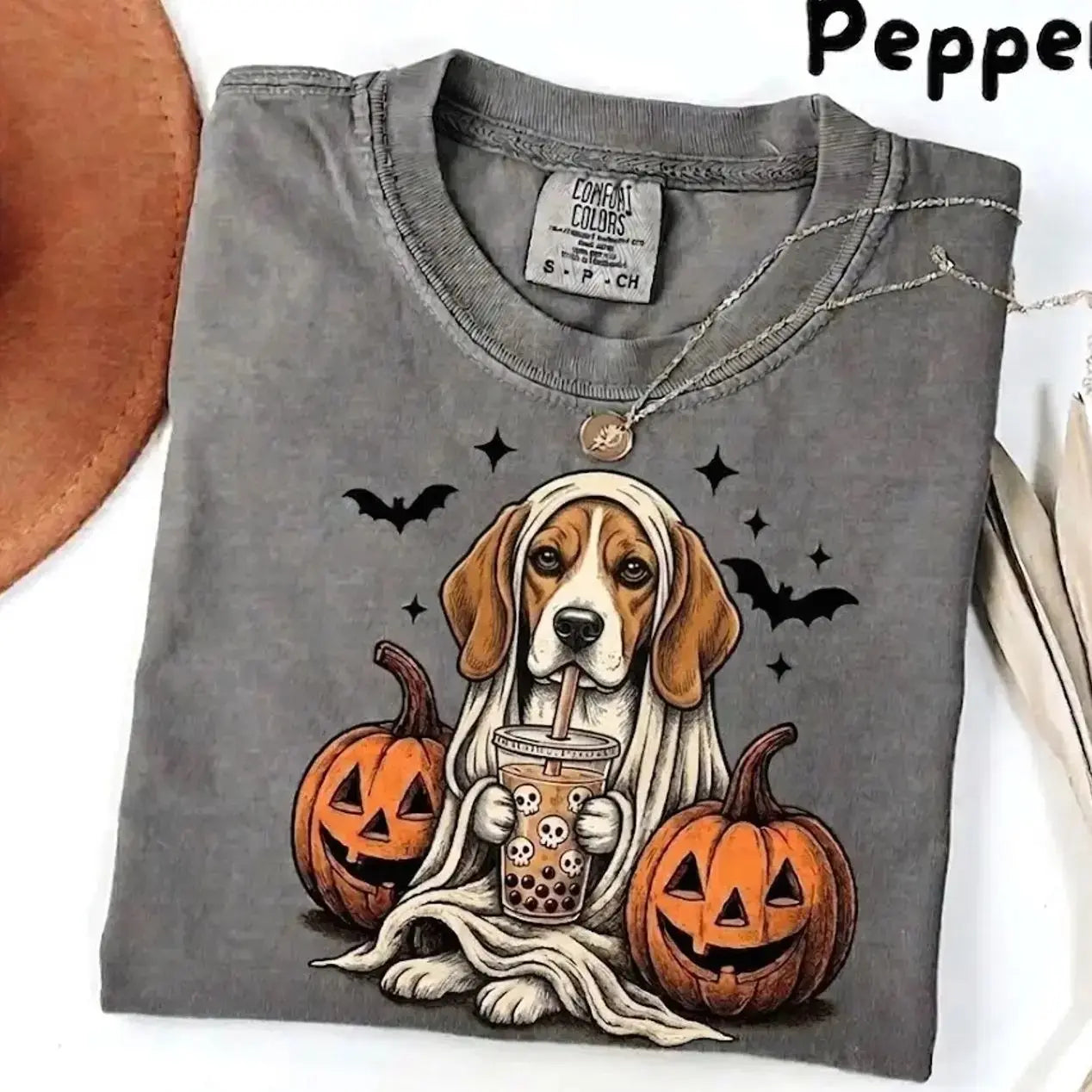 Comfort Colors Pepper Dog Shirt Custom Ghost Boba Tea Halloween Tee