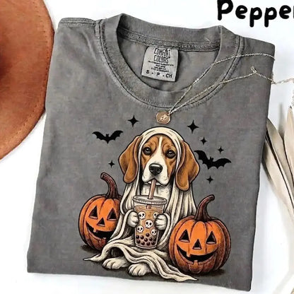 Comfort Colors Pepper Dog Shirt Custom Ghost Boba Tea Halloween Tee