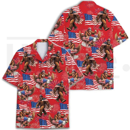 Bigfoot Firework Hawaiian Shirt – Patriotic Aloha Shirt, USA Flag Print, Summer Vacation Party Wear, Gift For Him - Hiyatee