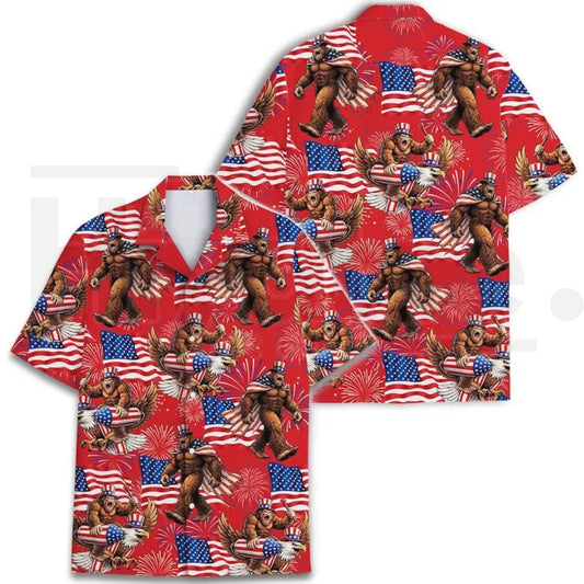 Bigfoot Firework Hawaiian Shirt – Patriotic Aloha Shirt, USA Flag Print, Summer Vacation Party Wear, Gift For Him - Hiyatee