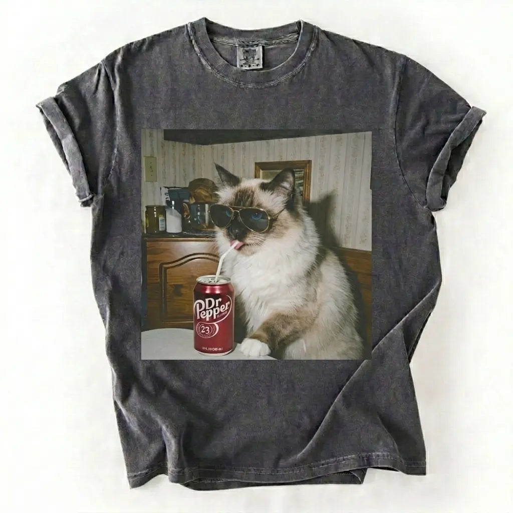 Comfort Colors 50+ Cat Breeds Drinking Soda Shirt – Vintage 90s Funny Edgy Cat Meme Tee