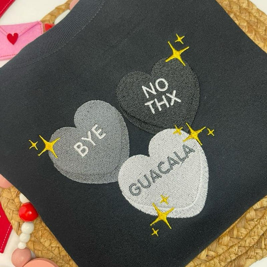 Black Candy Hearts Valentines Embroidered Sweatshirt - Romantic & Trendy Cotton Casual Wear