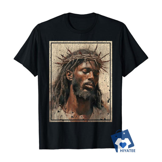  Black Jesus T-Shirt – 100% Cotton Face of Jesus with Crown of Thorns-Hiyatee