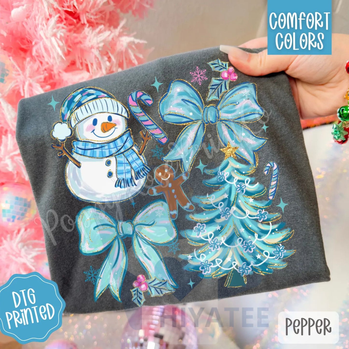 Blue Christmas Comfort Colors T-Shirt – Trendy Women's Holiday Tee, Vintage Style Christmas Aesthetic Shirt - Hiyatee