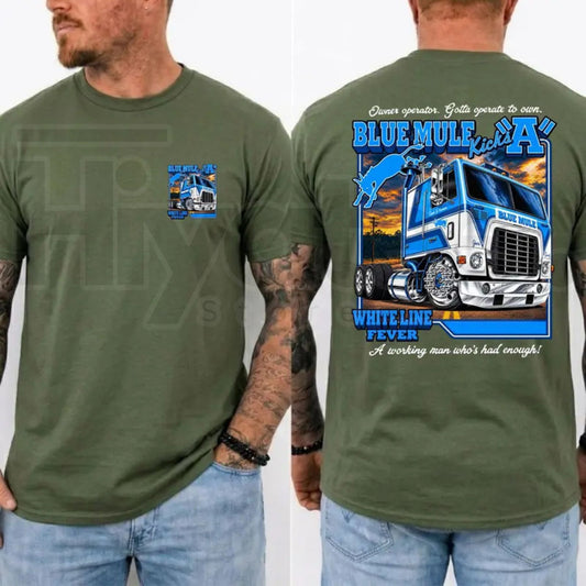 Blue Mule White Line Fever T-Shirt – Trucker Country Band Graphic Tee - Hiyatee