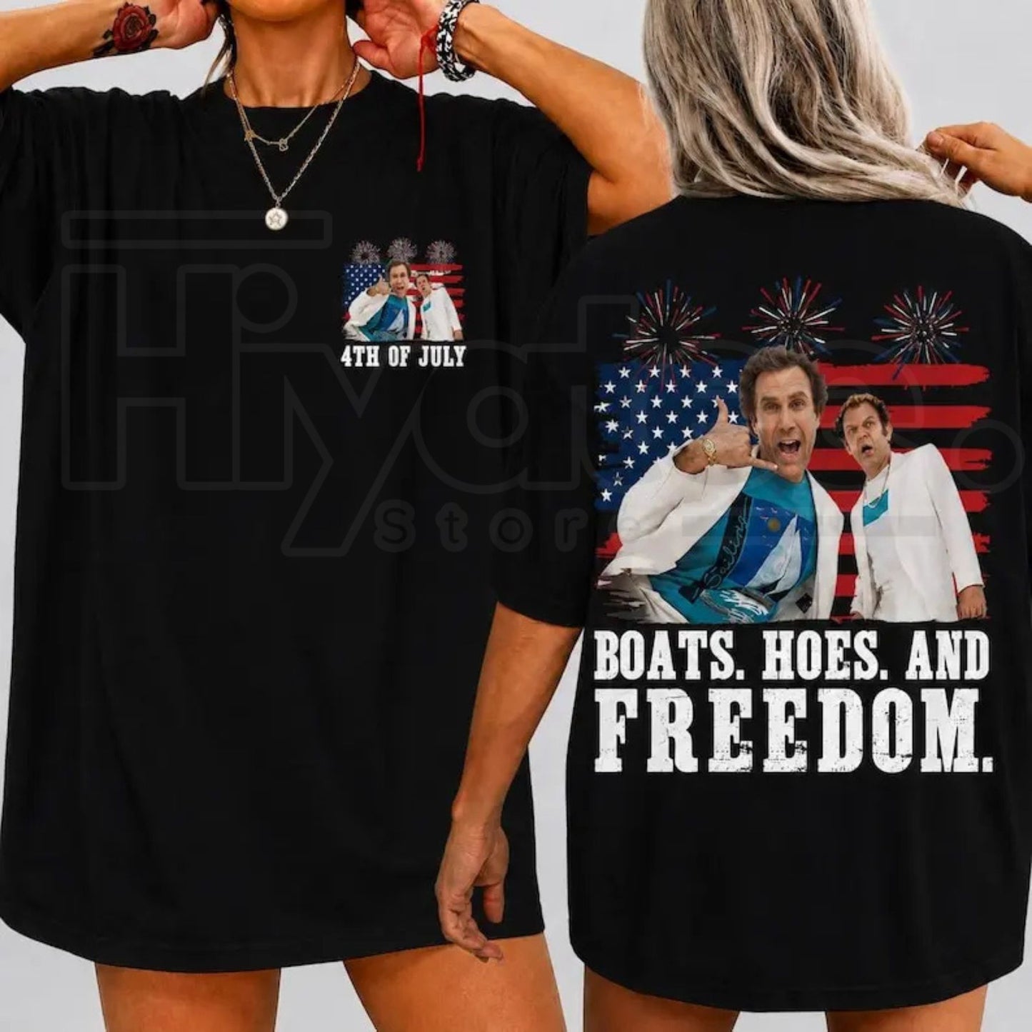 Boats Hoes And Freedom 2-Sides T-Shirt – Prestige Worldwide 4th of July Tee - Hiyatee