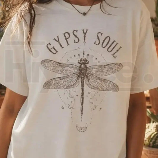 Boho Dragonfly Shirt Women Gypsy Soul Graphic Tee – Vintage Mystical Top - Hiyatee
