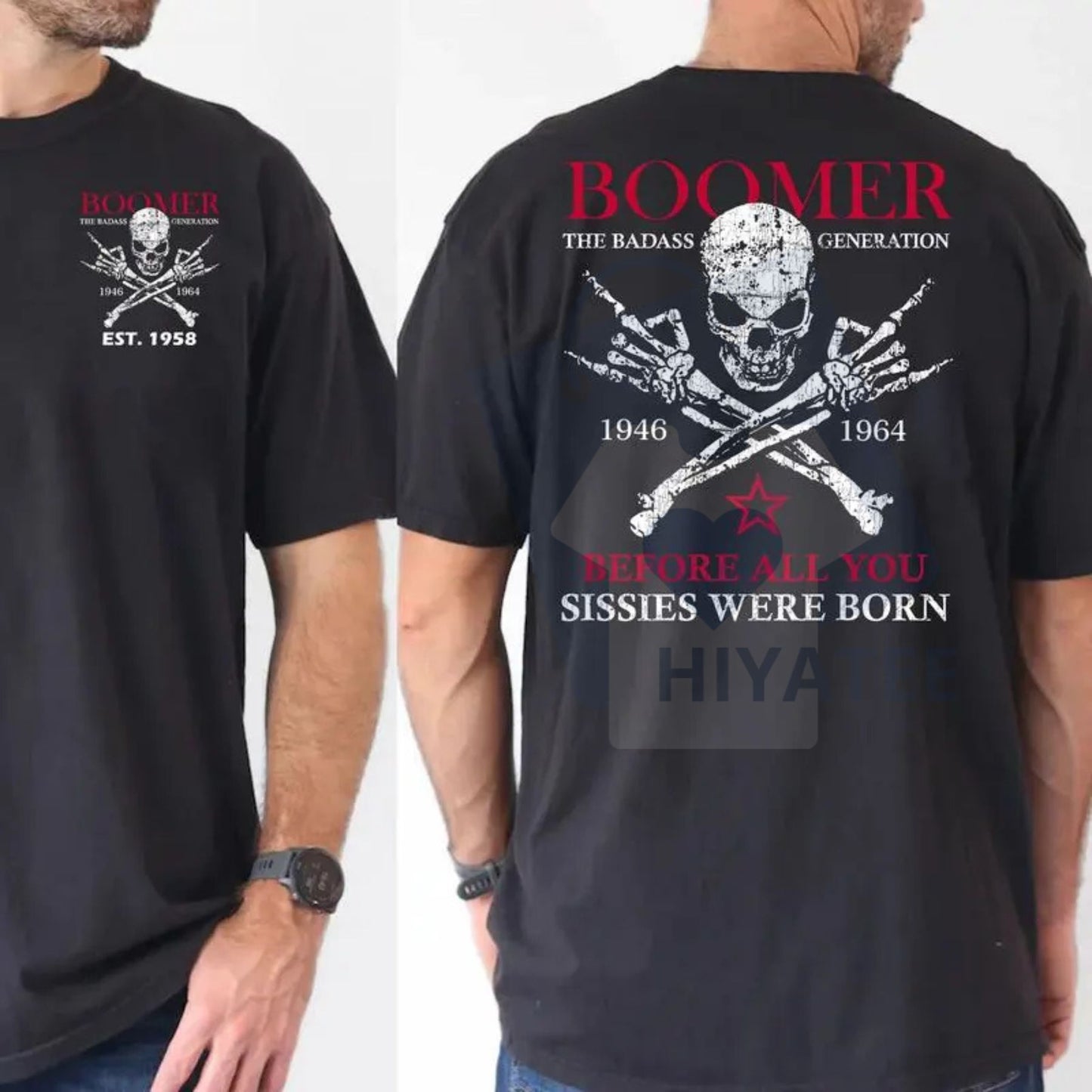 Boomer Legacy T-Shirt – Bold Skull Crossbones Design 2-Side Printed Rebel Tee - Hiyate