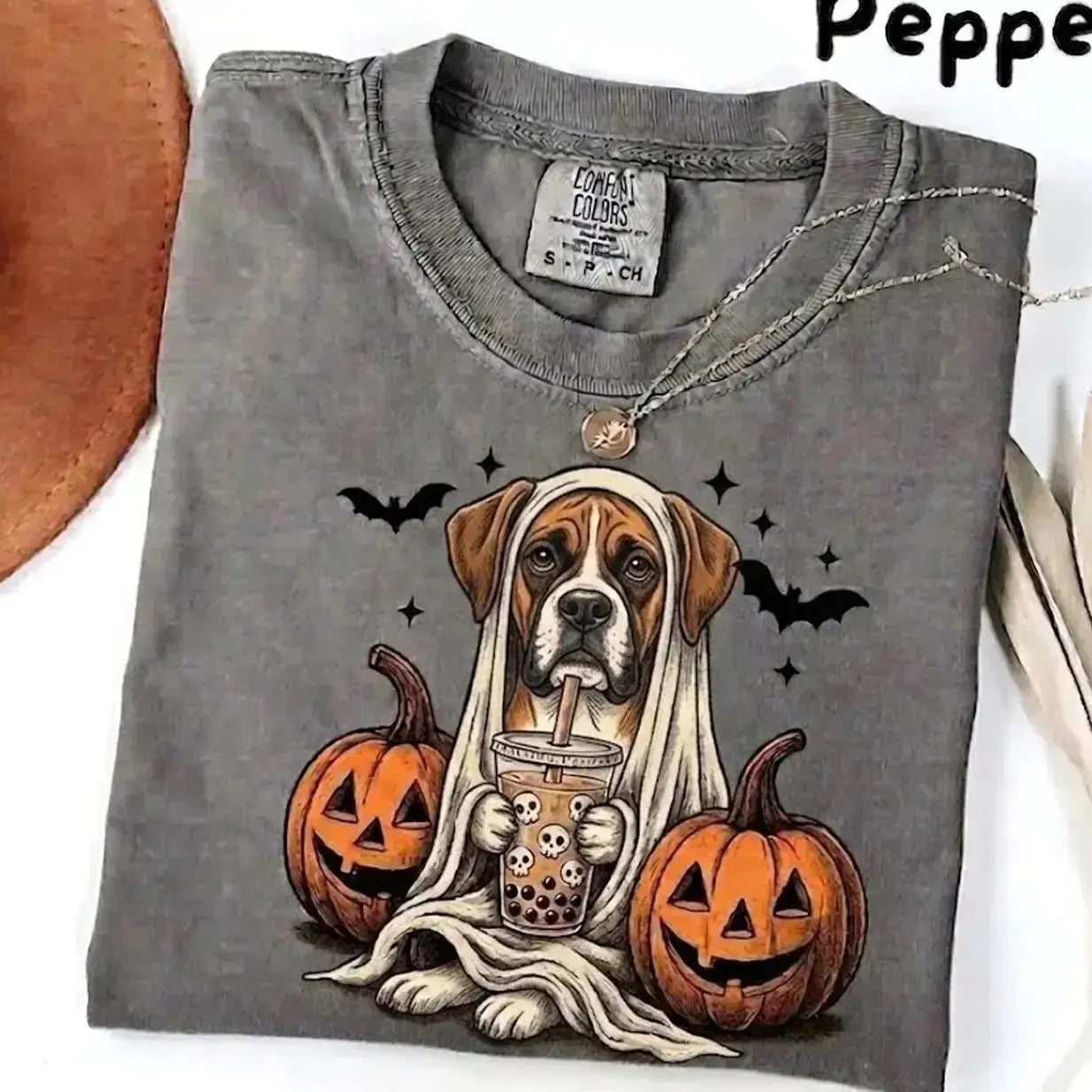 Comfort Colors Pepper Dog Shirt Custom Ghost Boba Tea Halloween Tee