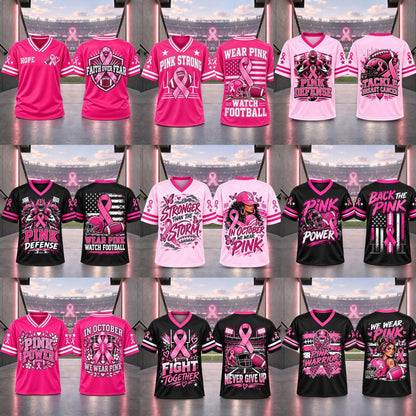 Breast Cancer Awareness Football Jersey – Pink Ribbon V-Neck Game Day Top - Hiyatee