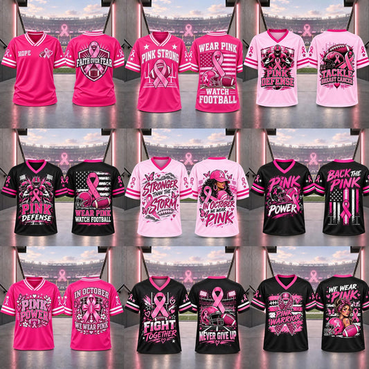 Breast Cancer Awareness Football Jersey – Pink Ribbon V-Neck Game Day Top - Hiyatee