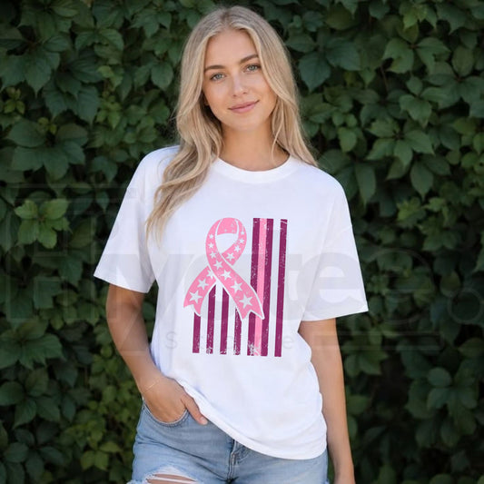 Breast Cancer Flag T-Shirt – Patriotic Pink Ribbon American Flag Tee - Hiyatee