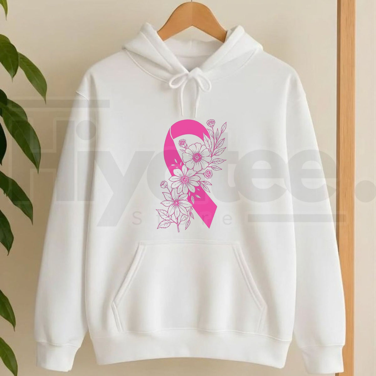 Breast Cancer Ribbon with Flowers Pullover Hoodie – Floral Hope & Awareness Floral Graphic Sweatshirt - Hiyatee