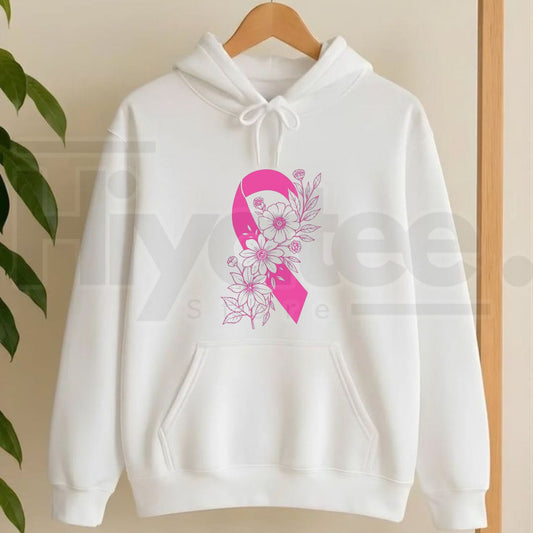 Breast Cancer Ribbon with Flowers Pullover Hoodie – Floral Hope & Awareness Floral Graphic Sweatshirt - Hiyatee