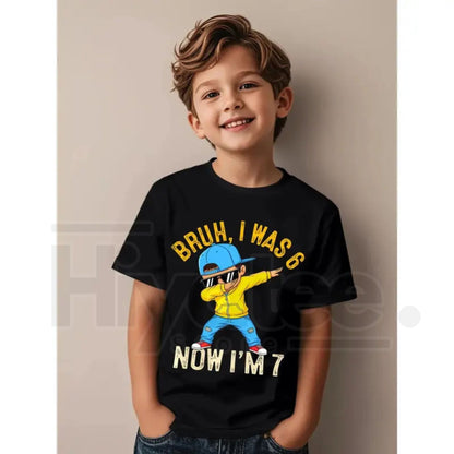 Bruh I Was 6 Now I'm 7 Year Old Birthday Dabbing T-Shirt | Trendy Kids Graphic Tee - Hiyatee
