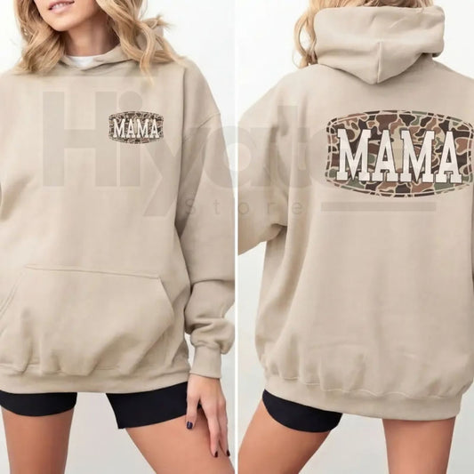 Camo Mama 2-Sided Hoodie – Trendy Camouflage Graphic Pullover, Cool Streetwear Mother’s Day Gift for Moms - Hiyatee