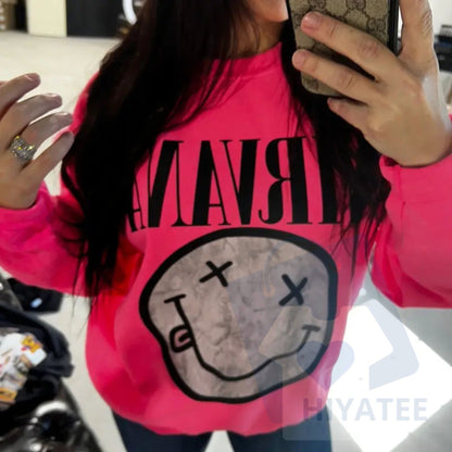 Camo Nirvana Sweatshirt with Sleeve Print: Grunge Band Logo Pullover, Unisex Camouflage Retro Rock Sweater, Music Fan Gift - Hiyatee