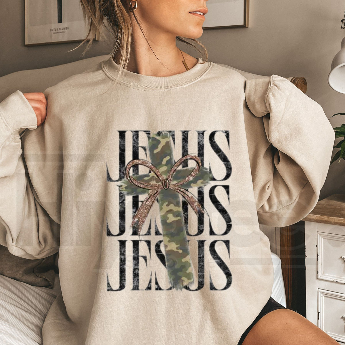 Camo Pattern Jesus Sweatshirt – Christian Camouflage Graphic Crewneck - Hiyatee