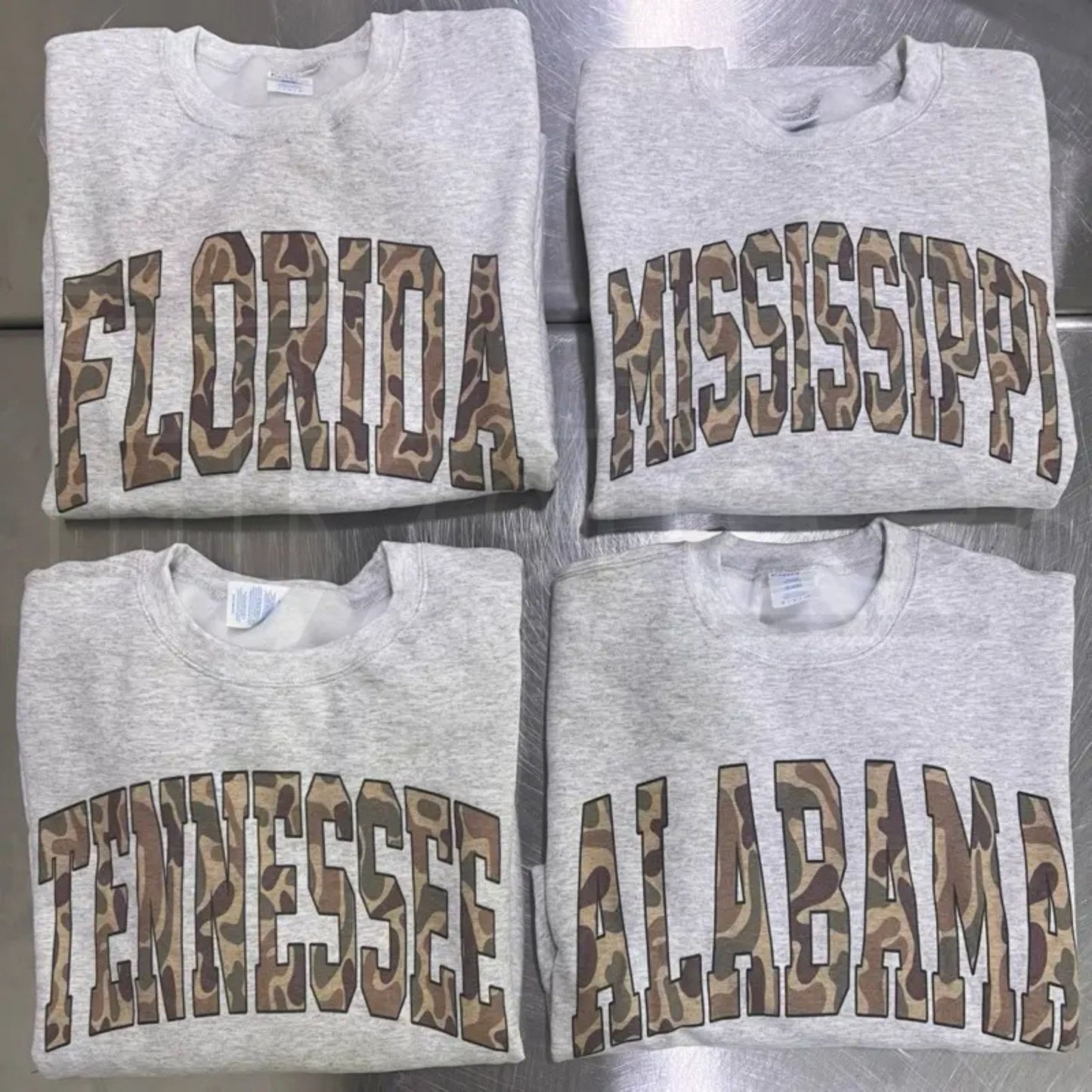 Camo State Sweatshirt – Duck Camo Varsity State Name Crewneck, Vintage College Game Day Pullover - Hiyatee