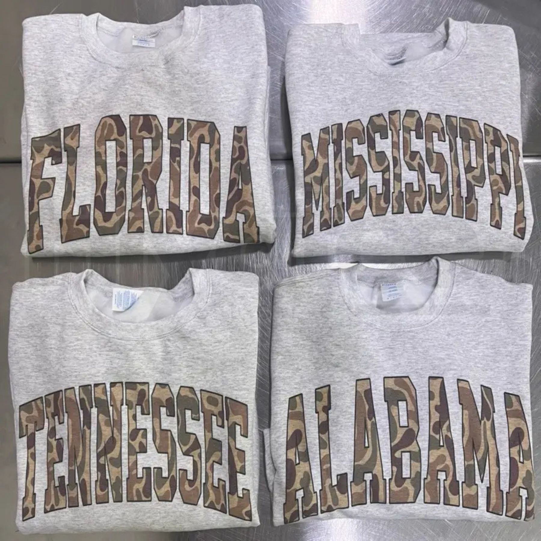 Camo State Sweatshirt – Duck Camo Varsity State Name Crewneck, Vintage College Game Day Pullover - Hiyatee