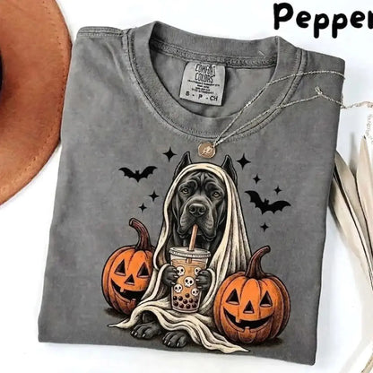 Comfort Colors Pepper Dog Shirt Custom Ghost Boba Tea Halloween Tee