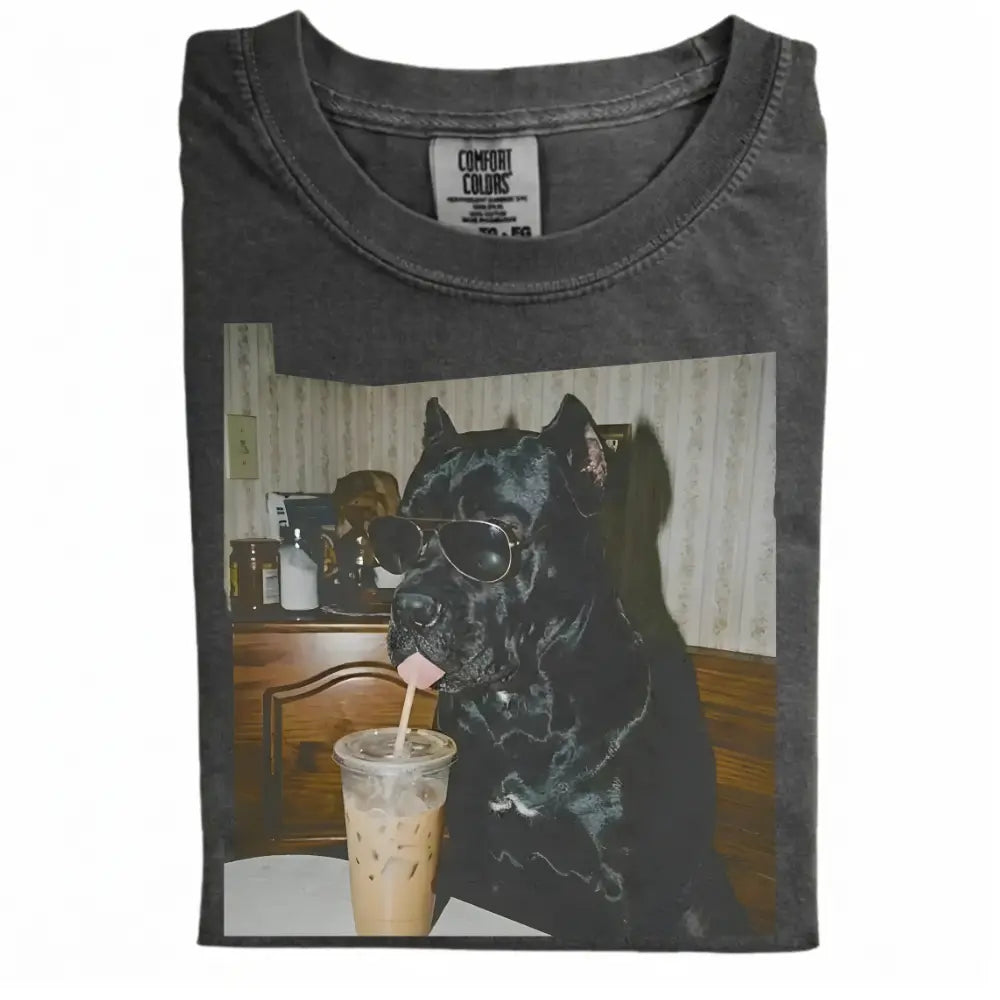 Comfort Colors 50+ Dog Breeds Available Drinking Iced Coffee Shirt – Vintage 90s Funny Edgy Dog Meme Tee, Unisex Casual Streetwear Gift