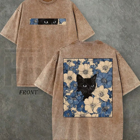 "Cat in the Flowers" Double-Sided T-Shirt – Vintage Washed 230gsm Heavyweight Streetwear - Hiyatee
