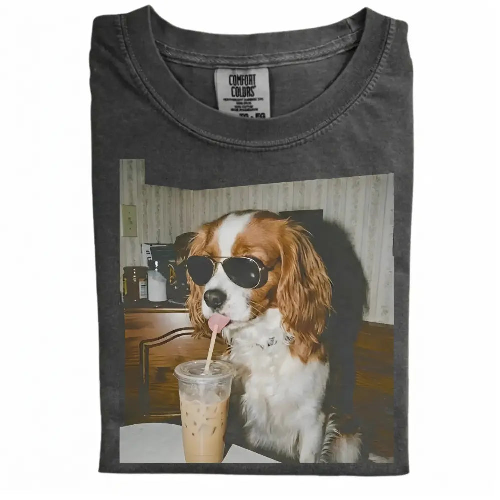 Comfort Colors 50+ Dog Breeds Available Drinking Iced Coffee Shirt – Vintage 90s Funny Edgy Dog Meme Tee, Unisex Casual Streetwear Gift