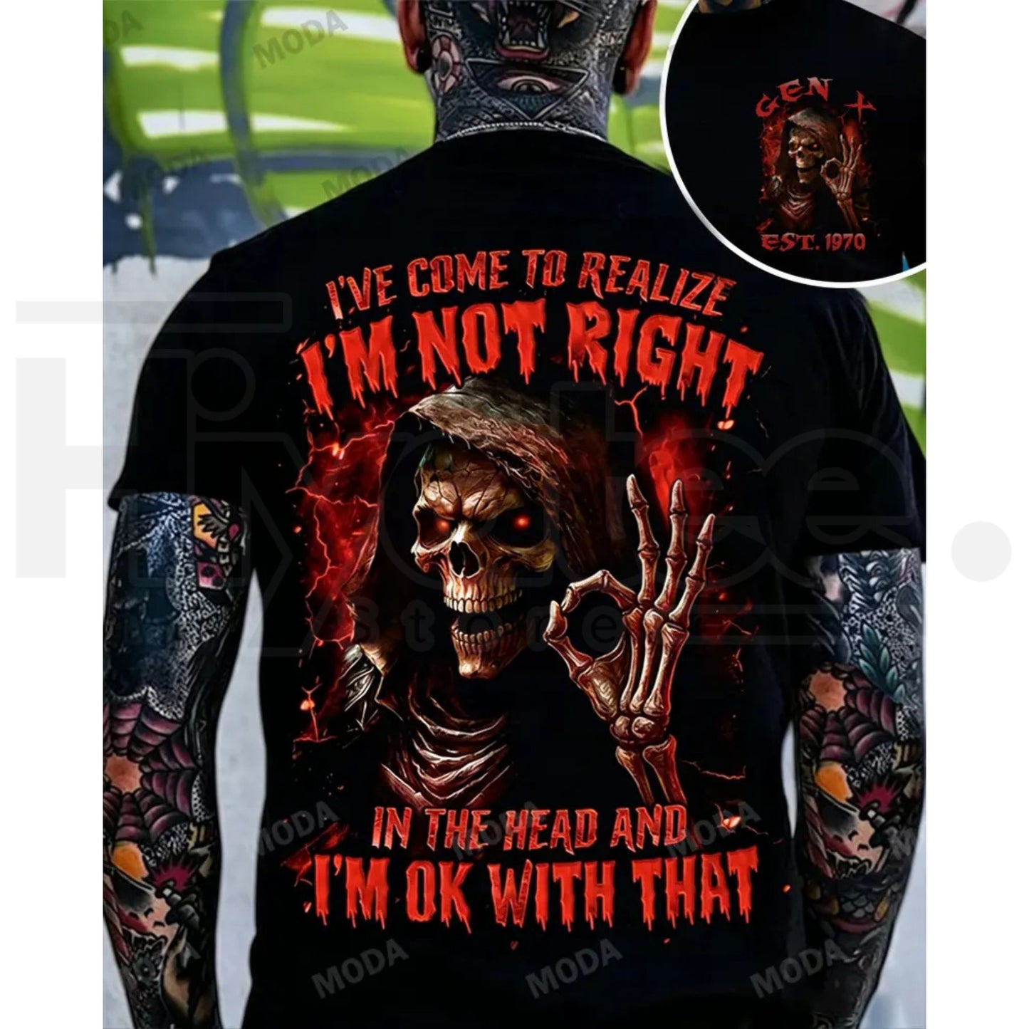 Chaosmoda Generation X Skull Graphic Tee – Vintage Gen X Retro Streetwear T-Shirt, Sarcastic "I've Come To Realize I'm Not Right" Top - Hiyatee