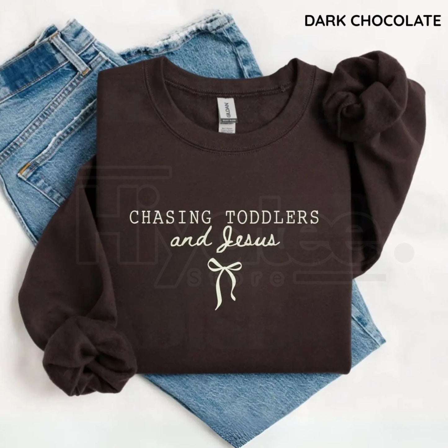 Chasing Jesus and Toddlers Sweatshirt: Coquette Christian Bow Aesthetic Crewneck - Hiyatee