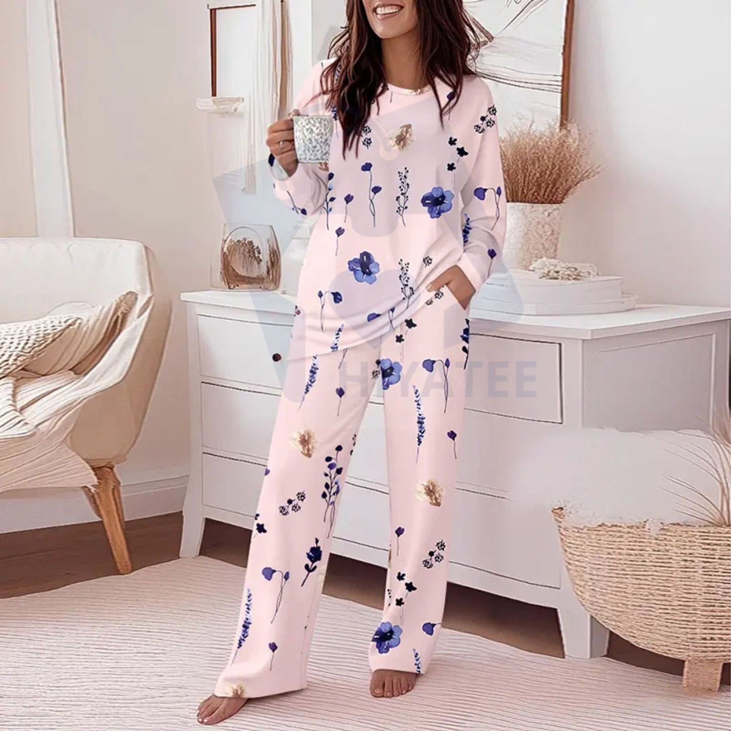 ChicMe Floral Print Satin-Feel Pajama Set with Pockets – Round Neck Long Sleeve Top & Casual Pants - Hiyatee