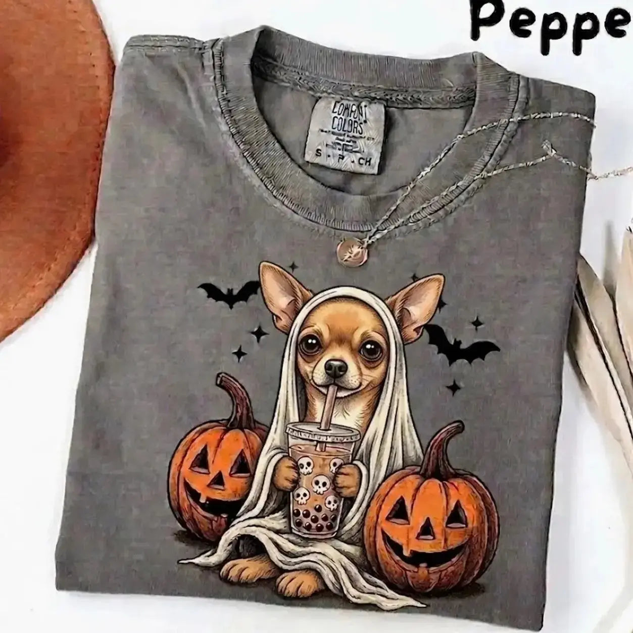 Comfort Colors Pepper Dog Shirt Custom Ghost Boba Tea Halloween Tee