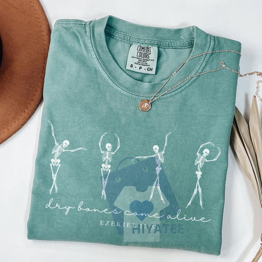 Christian Halloween T-Shirt – Dancing Skeleton “Dry Bones Come Alive” Graphic Tee, Fall Scripture Shirt, Faith-Based Comfort Colors Top - Hiyatee