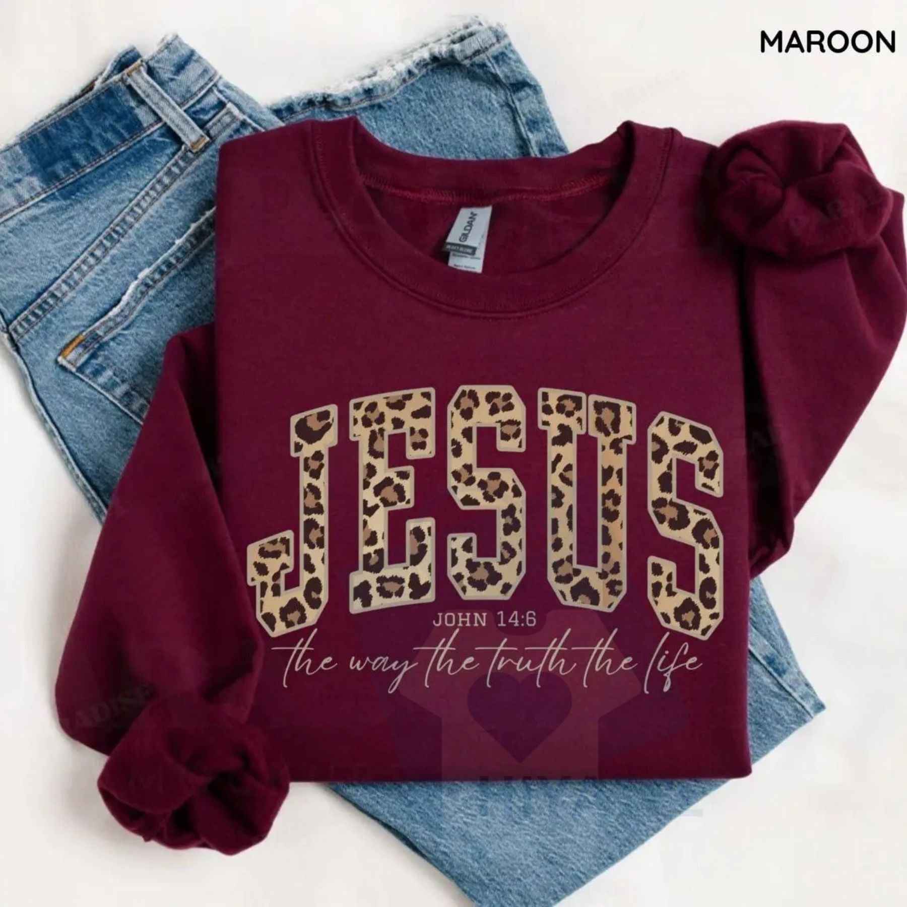 Christian Jesus Leopard Sweatshirt: Cheetah Print Faith Crewneck, Bible Verse Shirt, Trendy Religious Apparel Gift for Women - Hiyatee