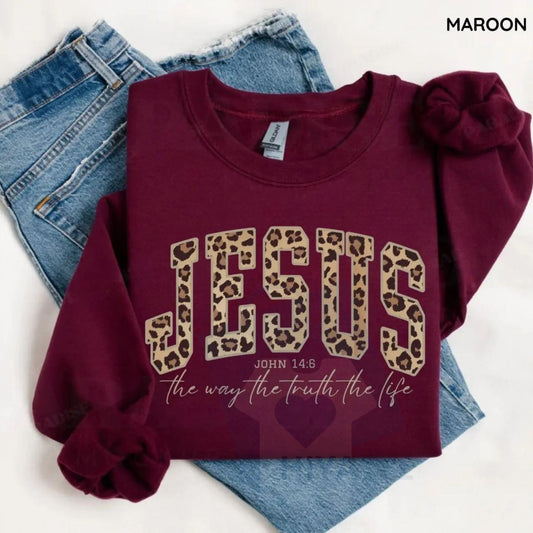 Christian Jesus Leopard Sweatshirt: Cheetah Print Faith Crewneck, Bible Verse Shirt, Trendy Religious Apparel Gift for Women - Hiyatee