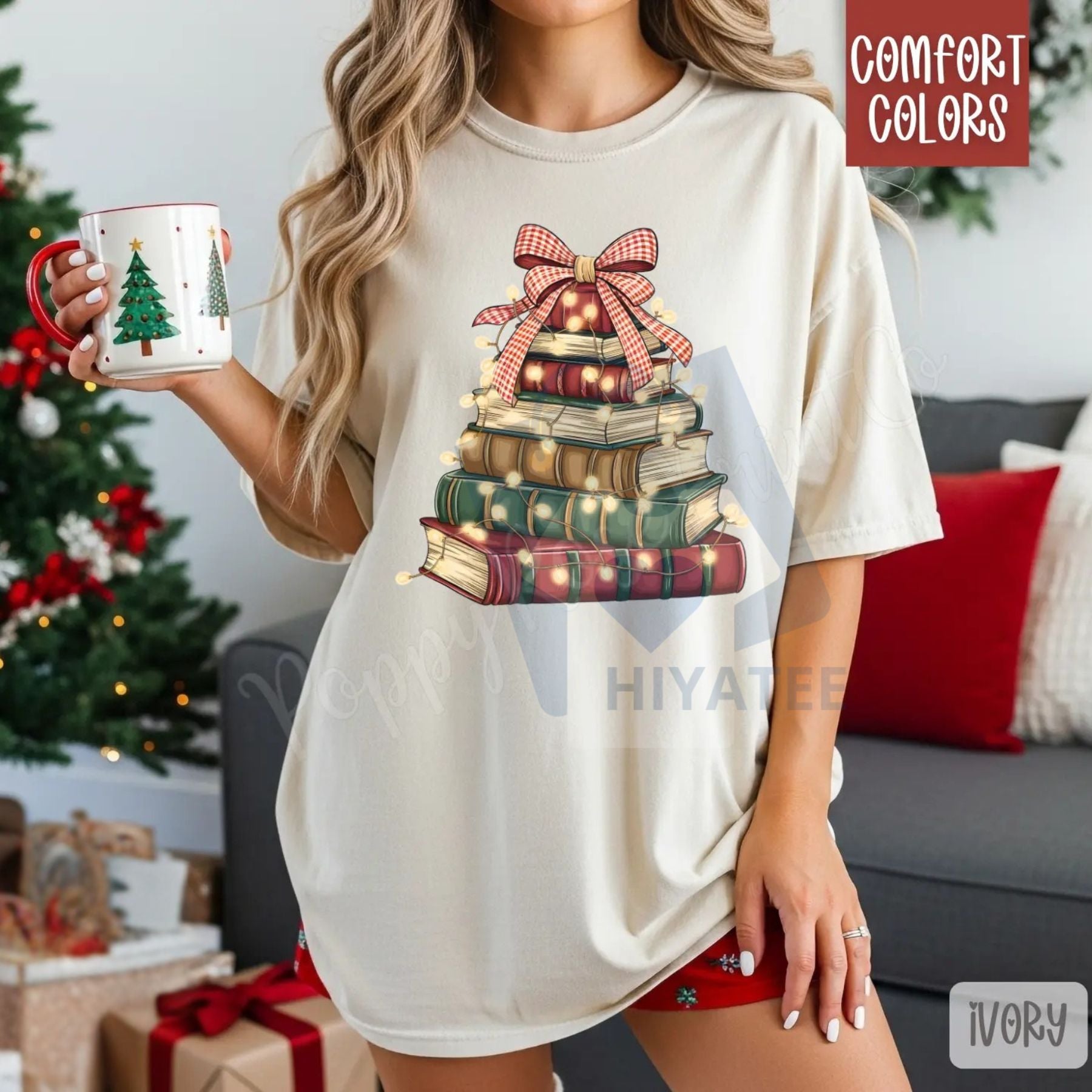 Christmas Book Tree Shirt Comfort Colors – Trendy Women's Holiday Reading T-shirt, Book Lover Gift, Library Tee - Hiyatee