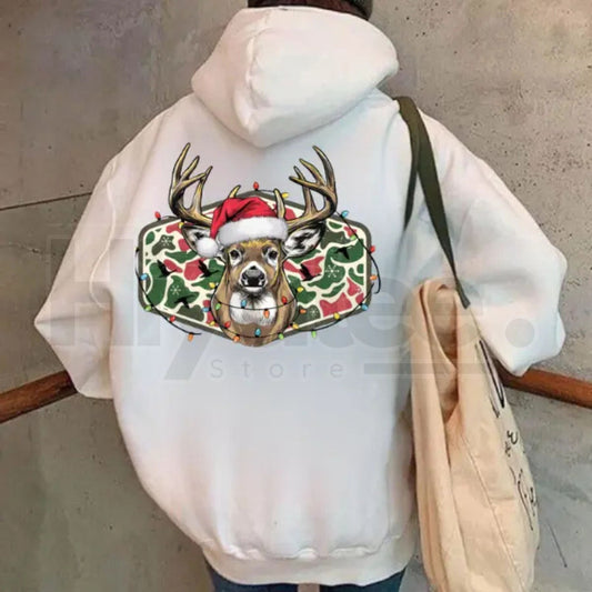 Christmas Deer Hunting Camo Hoodie – Funny Merry and Bright Holiday Deer Head Sublimation, Country Outdoors Pullover - Hiyatee