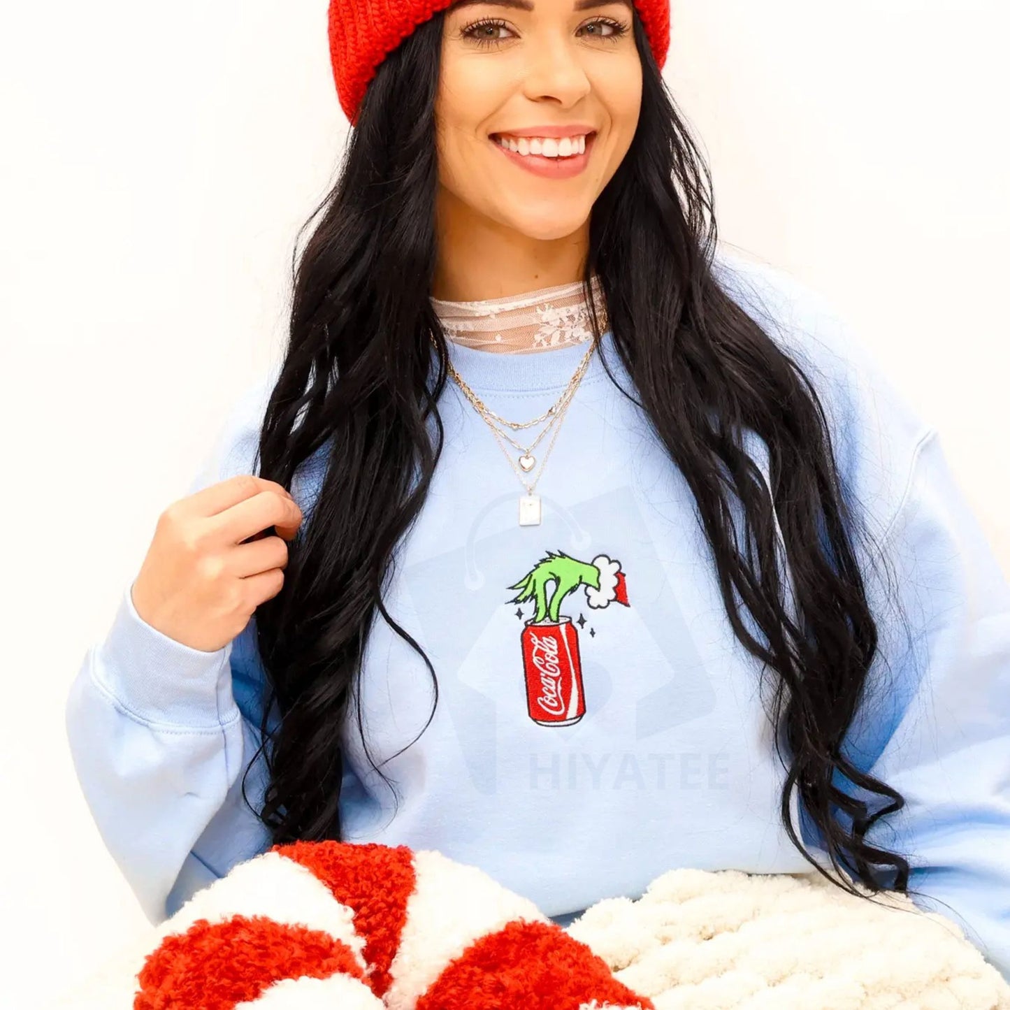 Christmas Drink Embroidered Sweatshirt – Classic Holiday Crewneck, Soft Unisex Light Green - Hiyatee