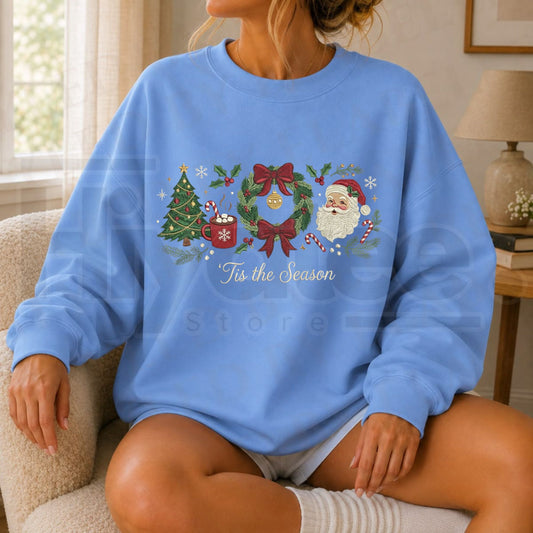 Christmas Gingham Sweatshirt – 'Tis the Season Embroidered Santa Wreath Tree Crewneck, Cozy Holiday Festive Pullover - Hiyatee