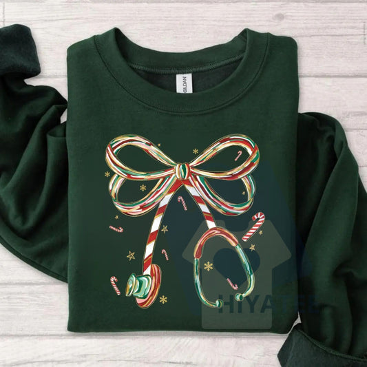 Christmas Nurse Sweatshirt - Candy Cane Stethoscope Bow Design: Cute Holiday Medical Crewneck, Cozy Winter Outfit, Funny Christmas Gift Idea - Hiyatee