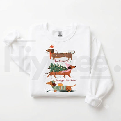 Christmas Wiener Dog Sweatshirt, Retro Dachshund Holiday Graphic Crewneck. - Hiyatee