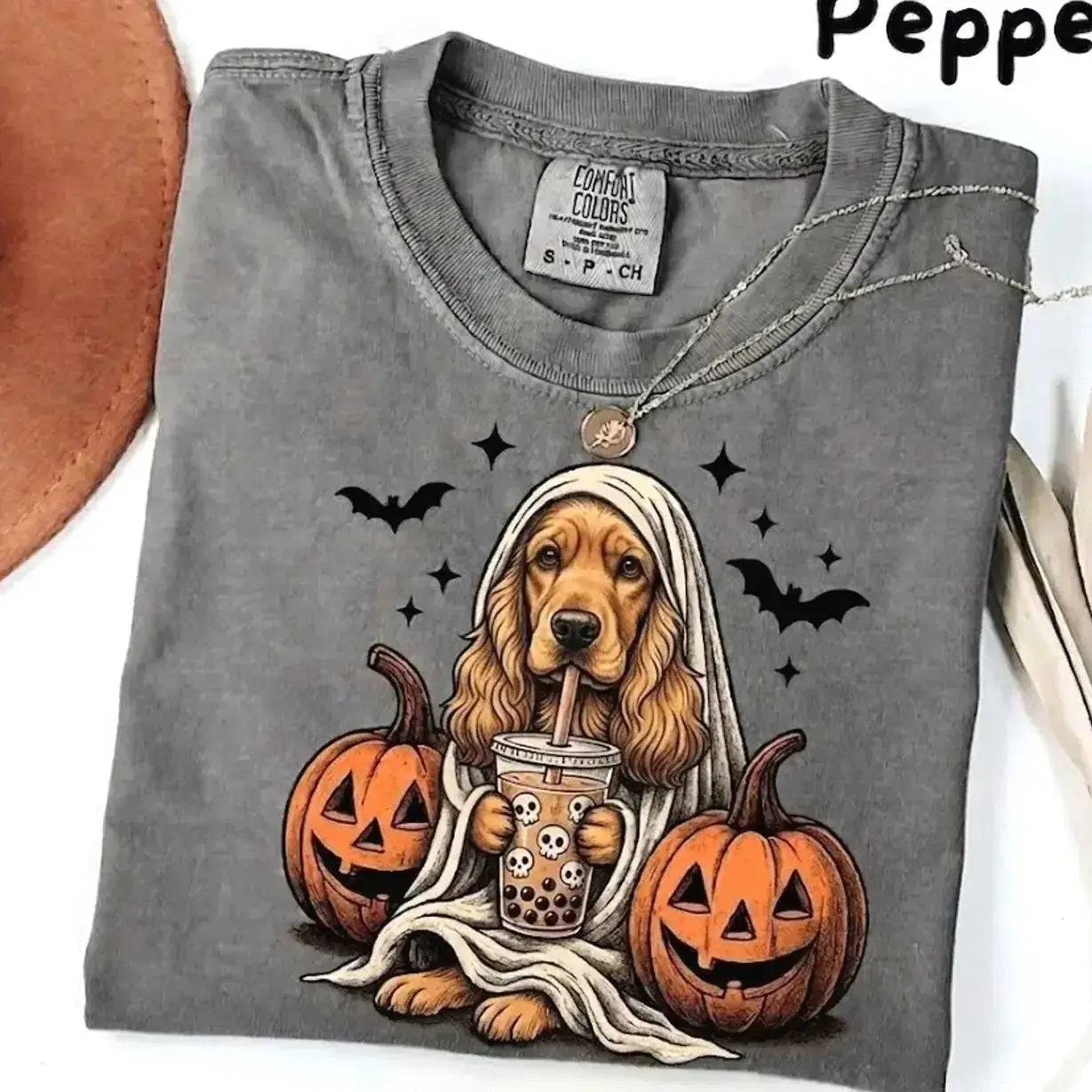 Comfort Colors Pepper Dog Shirt Custom Ghost Boba Tea Halloween Tee