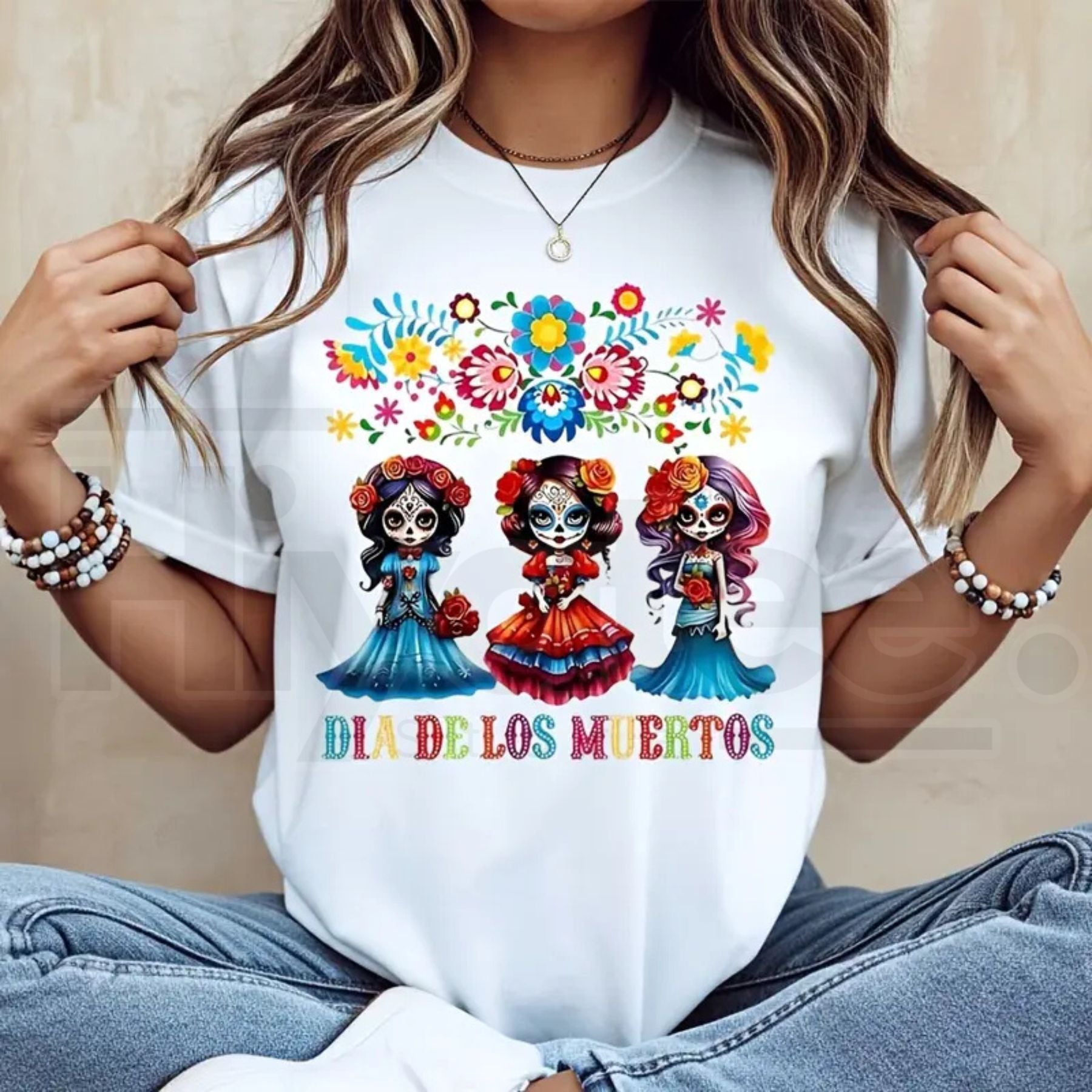 Colorful Floral Sugar Skull Girl T-Shirt – Dia De Los Muertos Festival Graphic Tee, Mexican Halloween Party Top - Hiyatee