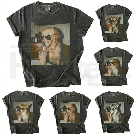 Comfort Colors 50+ Dog Breeds Available Drinking Iced Coffee Shirt – Vintage 90s Funny Edgy Dog Meme Tee, Unisex Casual Streetwear Gift - Hiyatee