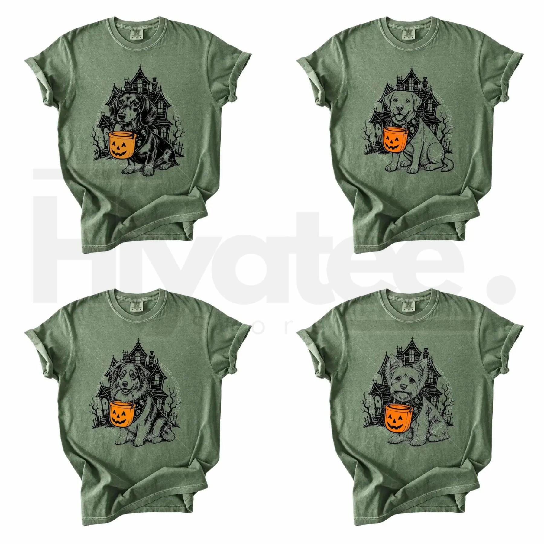 Comfort Colors 50 Dog Breeds Halloween T-Shirt Moss Pumpkin Candy Bucket Tee - Hiyatee
