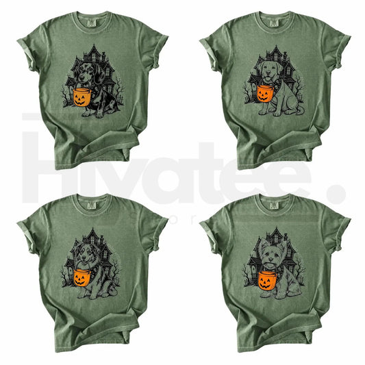 Comfort Colors 50 Dog Breeds Halloween T-Shirt Moss Pumpkin Candy Bucket Tee - Hiyatee